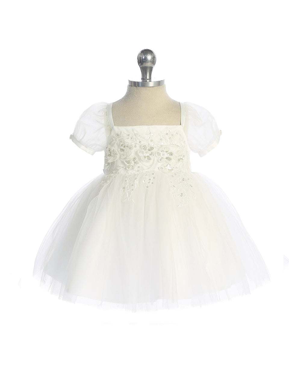 Ivory Baby Girls Floral Embroidered Bodice with Puff Sleeves