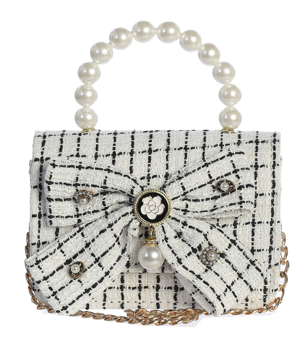White Tweed Purse with Large Bow and Flower and Dangling Pearl