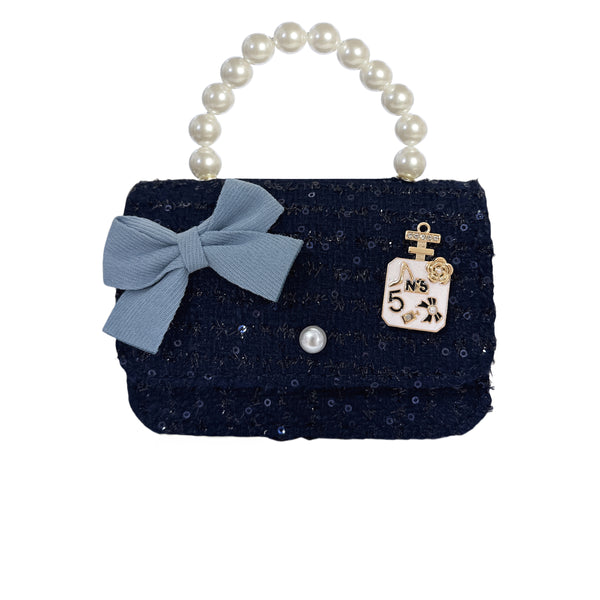 Navy Adorable Tweed with Sequin Flap Bag with Large Bow and Pearl Handle
