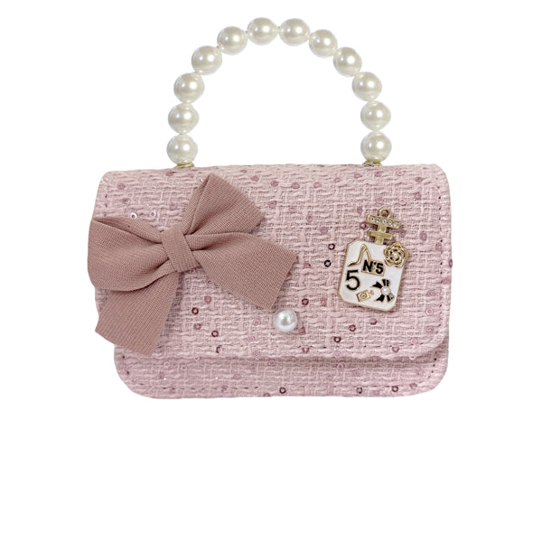 Pink Adorable Tweed with Sequin Flap Bag with Large Bow and Pearl Handle