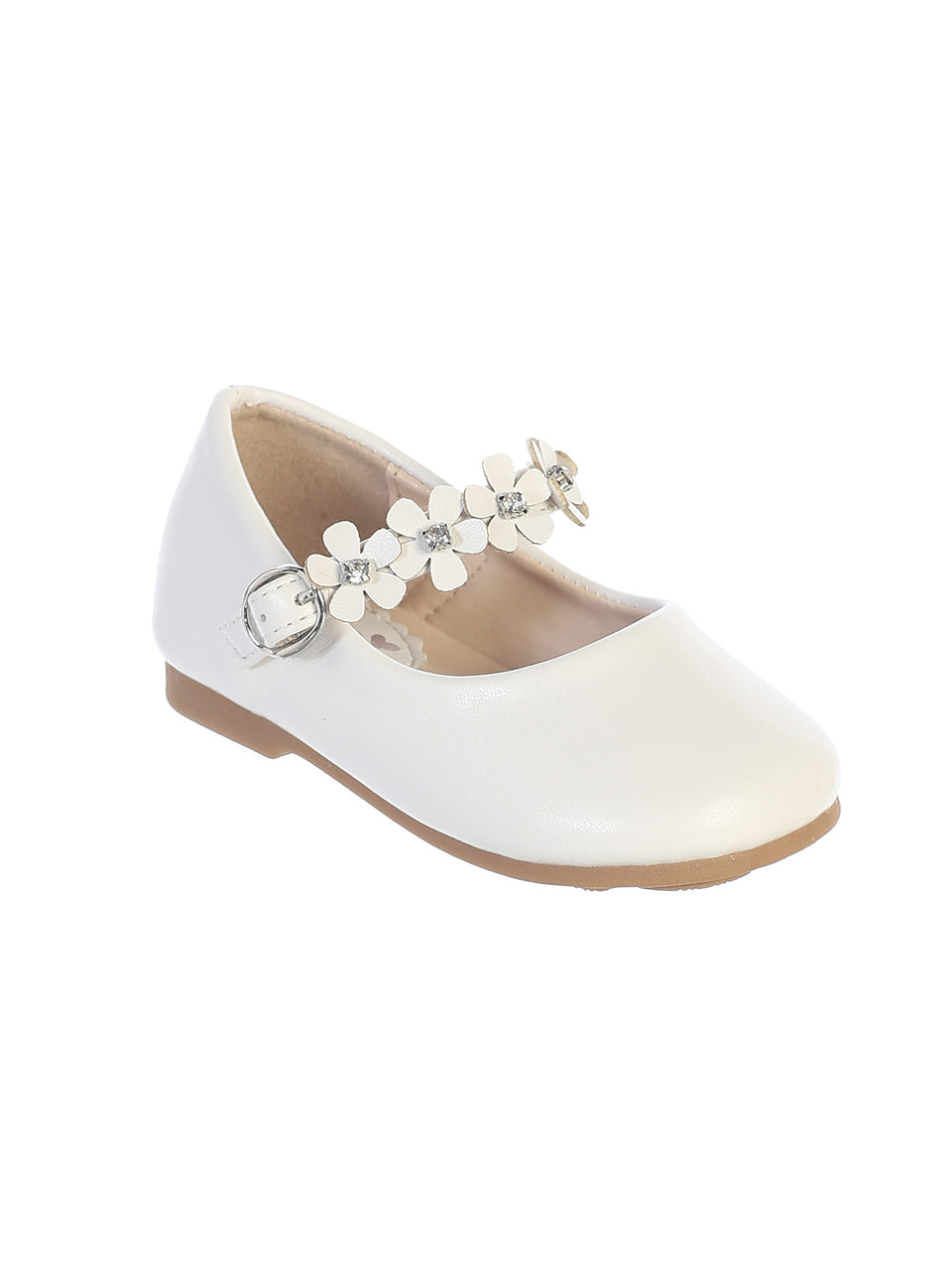White Baby Girls Beautiful Leatherette Shoes with Flowers Across the Strap