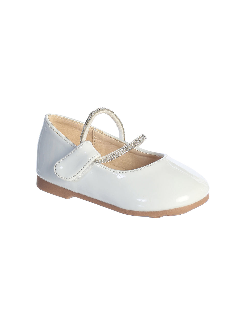 White Baby Girls Patent Leather Flats with a Double Rhinestone Strap