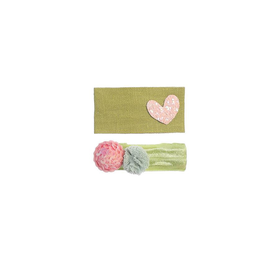 Green Heart & Pom Pom 2 Clip Set