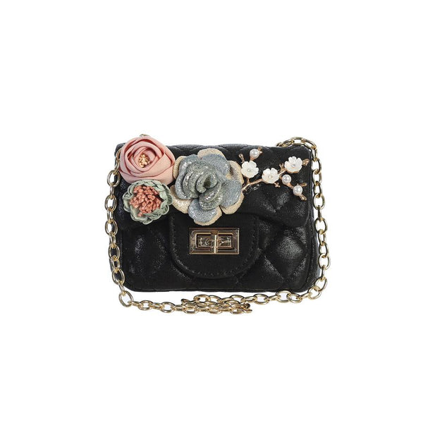 METALLIC MINI PURSE WITH FLOWERS: BLACK