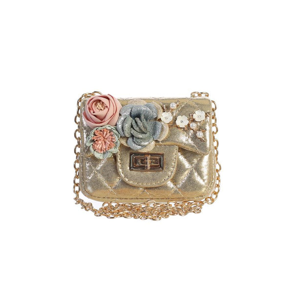 METALLIC MINI PURSE WITH FLOWERS: GOLD