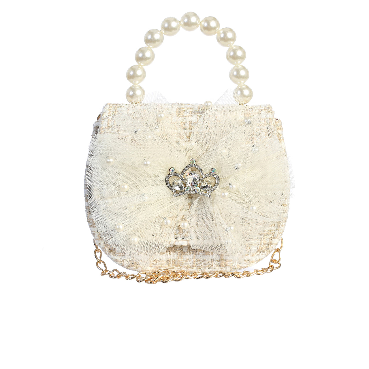 Mini Tweeted Purse w/ Crown and Pearl Handle