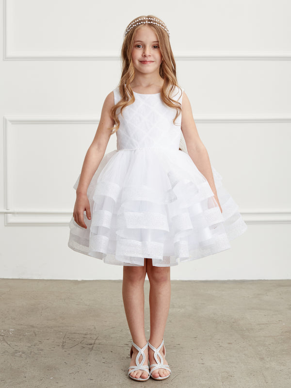 White Girls Dress with Waffle Pattern Shimmering Glitter Bodice and Layered Tulle Skirt with Hose Hair Hem