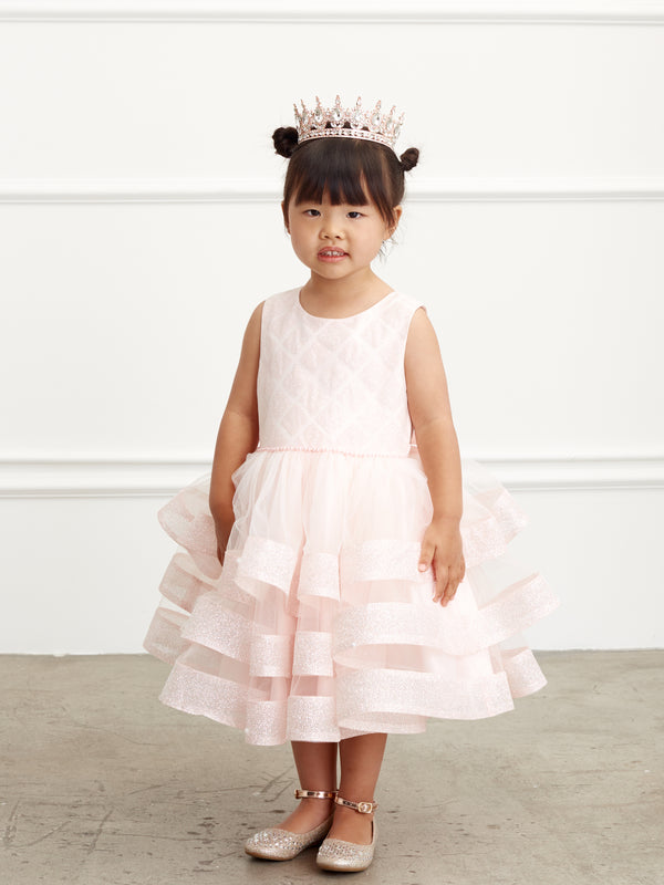 Blush Girls Dress with Waffle Pattern Shimmering Glitter Bodice and Layered Tulle Skirt with Hose Hair Hem