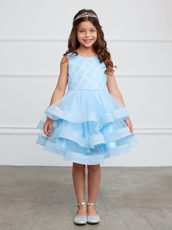 Sky Blue Girls Dress with Waffle Pattern Shimmering Glitter Bodice and Layered Tulle Skirt with Hose Hair Hem