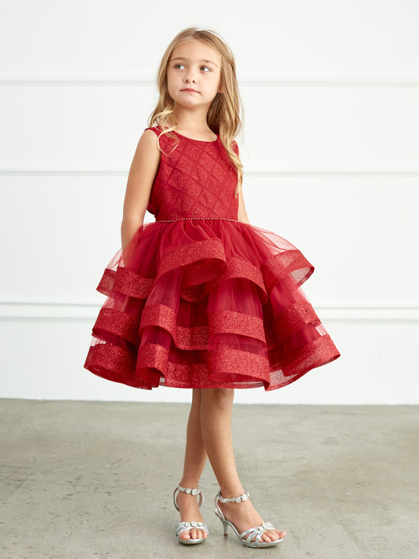 Burgundy Girls Dress with Waffle Pattern Shimmering Glitter Bodice and Layered Tulle Skirt with Hose Hair Hem