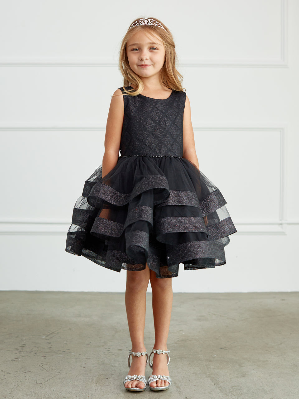 Black Girls Dress with Waffle Pattern Shimmering Glitter Bodice and Layered Tulle Skirt with Hose Hair Hem