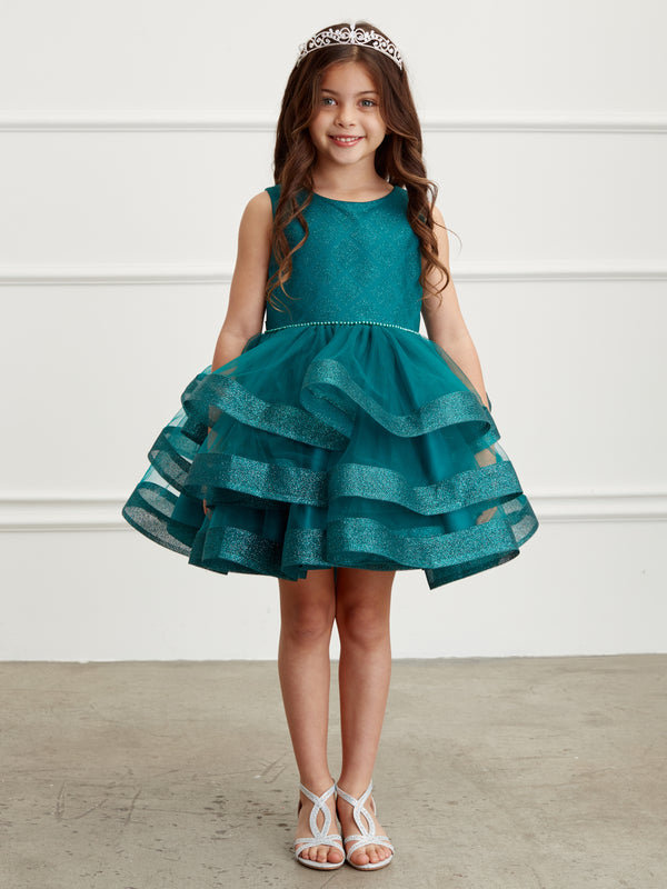 Emerald Girls Dress with Waffle Pattern Shimmering Glitter Bodice and Layered Tulle Skirt with Hose Hair Hem