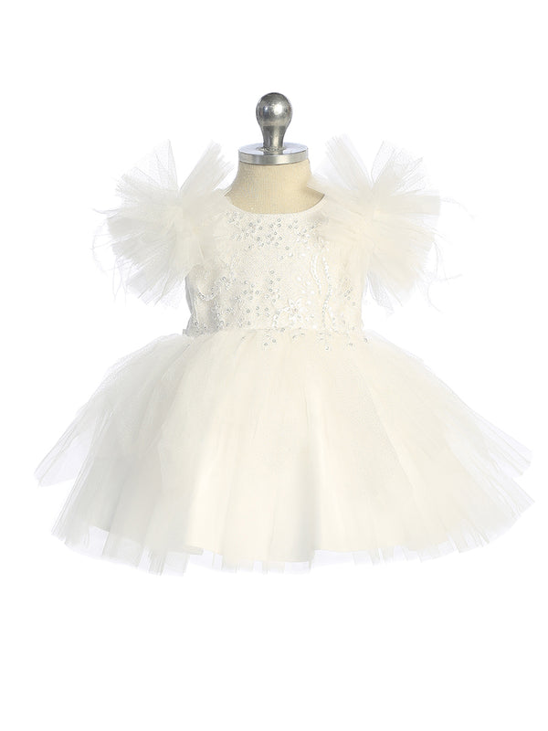 Ivory Baby Girls Mesh and Glitter Lace Bodice Dress with Fluffy Sleeves