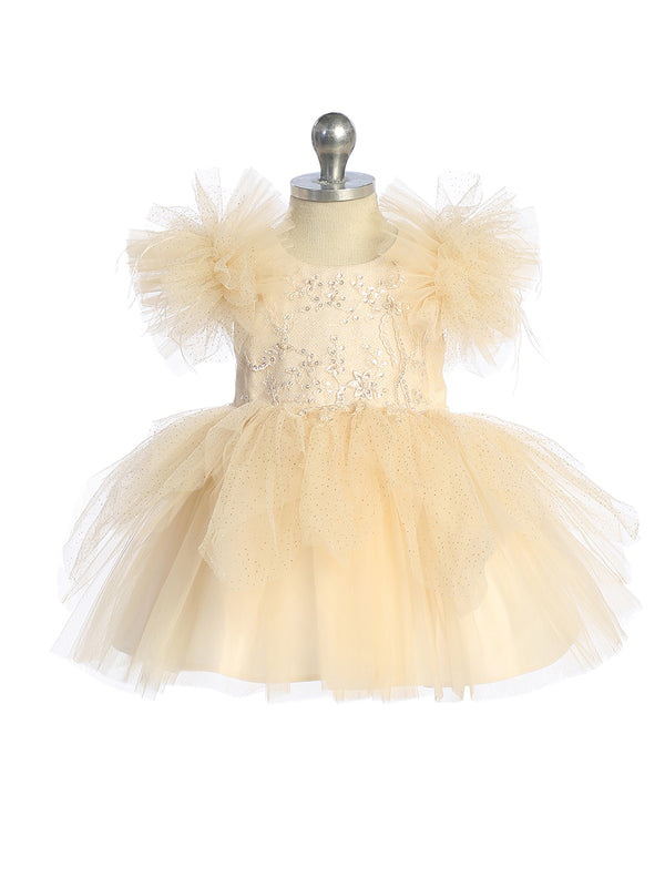 Champagne Baby Girls Mesh and Glitter Lace Bodice Dress with Fluffy Sleeves