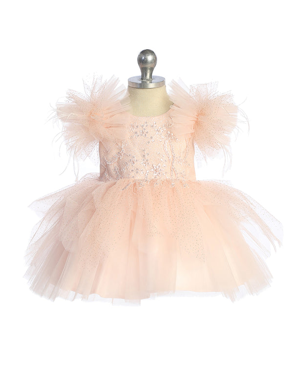 Blush Baby Girls Mesh and Glitter Lace Bodice Dress with Fluffy Sleeves