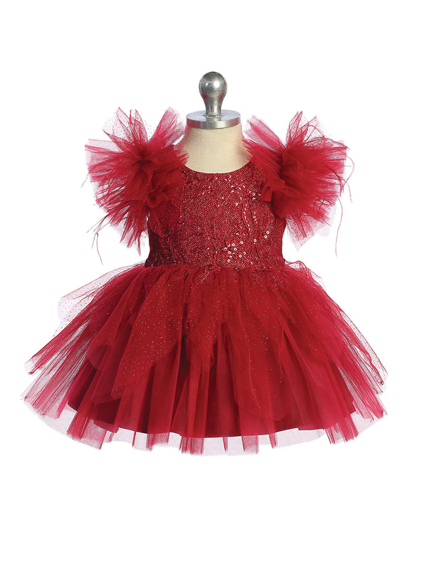 Red Baby Girls Mesh and Glitter Lace Bodice Dress with Fluffy Sleeves