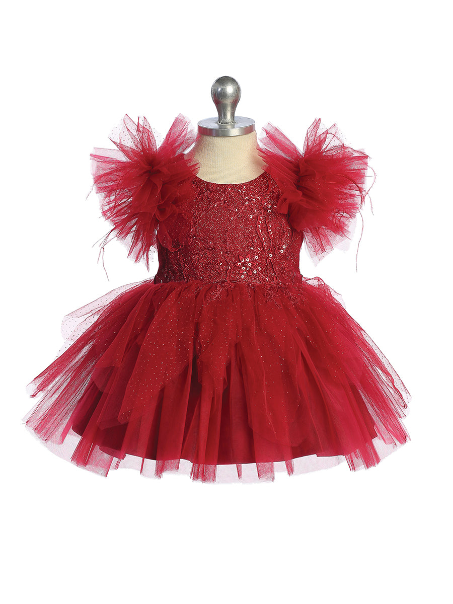 Red Baby Girls Mesh and Glitter Lace Bodice Dress with Fluffy Sleeves