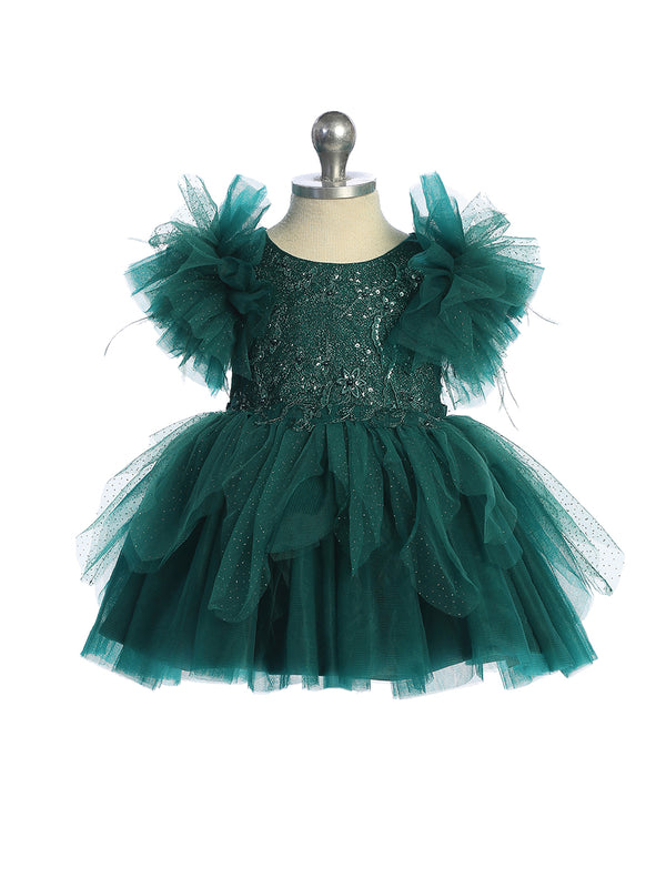 Emerald Baby Girls Mesh and Glitter Lace Bodice Dress with Fluffy Sleeves