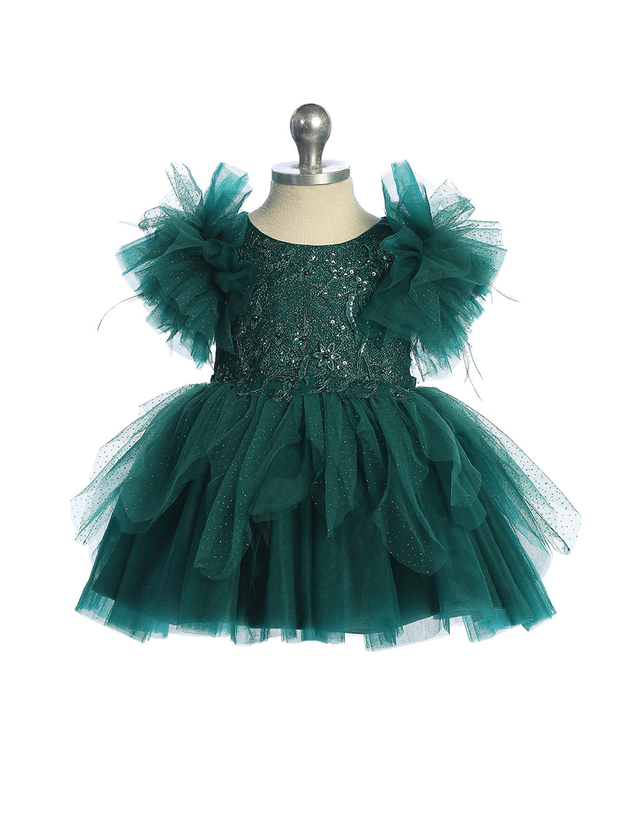Emerald Baby Girls Mesh and Glitter Lace Bodice Dress with Fluffy Sleeves