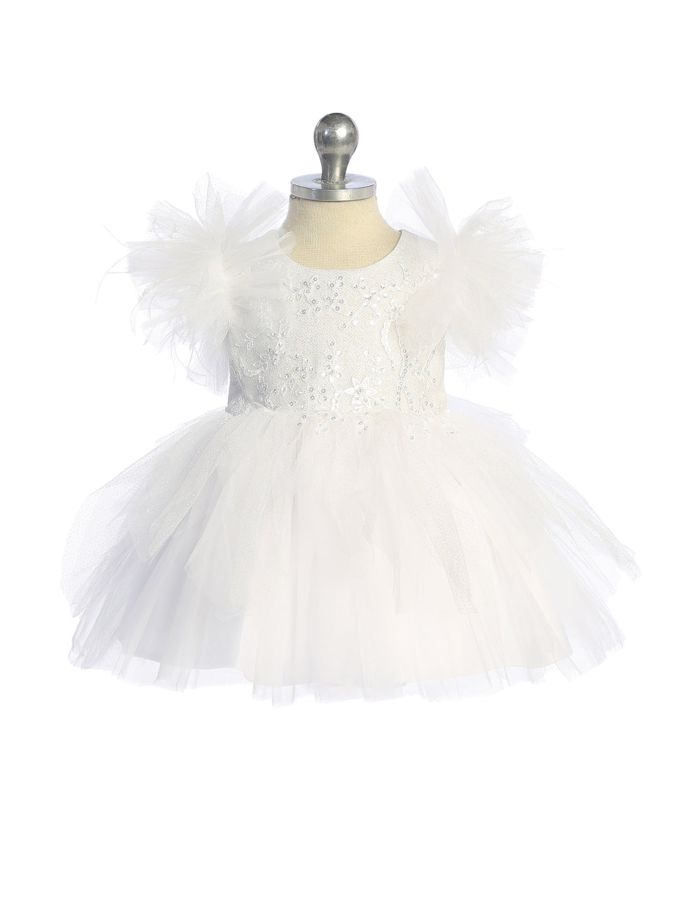 White Baby Girls Mesh and Glitter Lace Bodice Dress with Fluffy Sleeves
