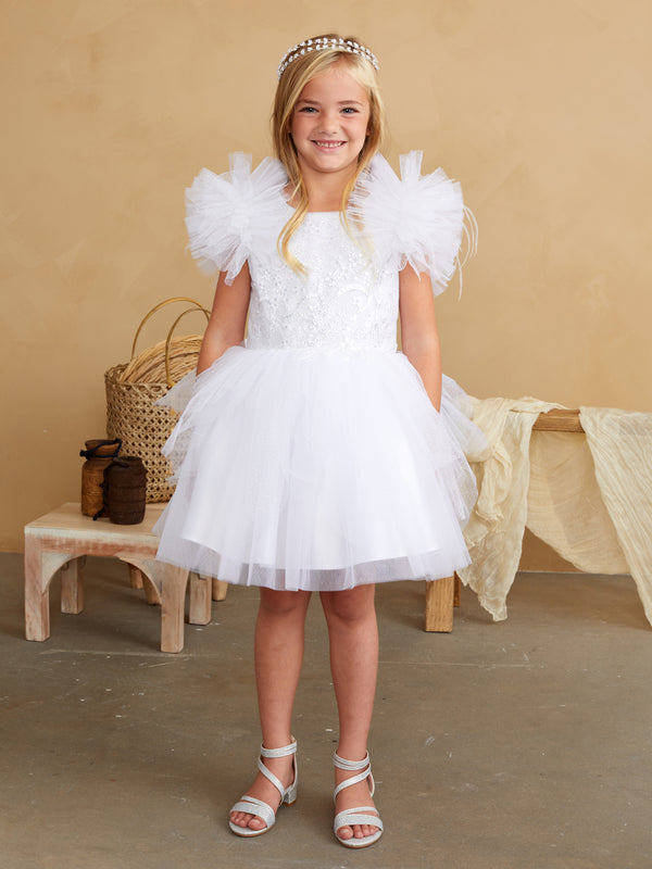 White Girls Mesh and Glitter Lace Bodice Dress with Fluffy Sleeves