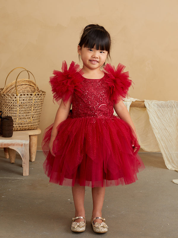Red Girls Mesh and Glitter Lace Bodice Dress with Fluffy Sleeves
