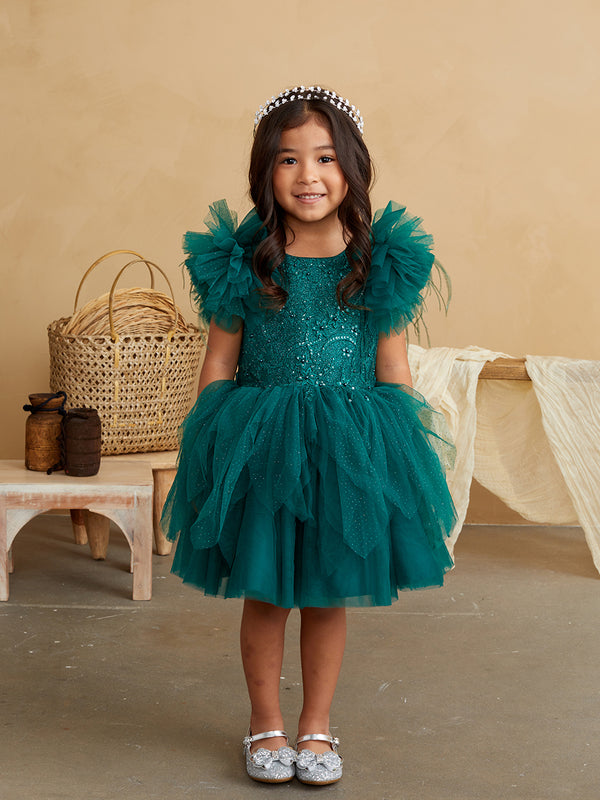 Emerald Girls Mesh and Glitter Lace Bodice Dress with Fluffy Sleeves