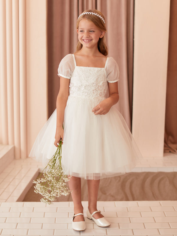 Ivory Girls Floral Embroidered Bodice with Puff Sleeves