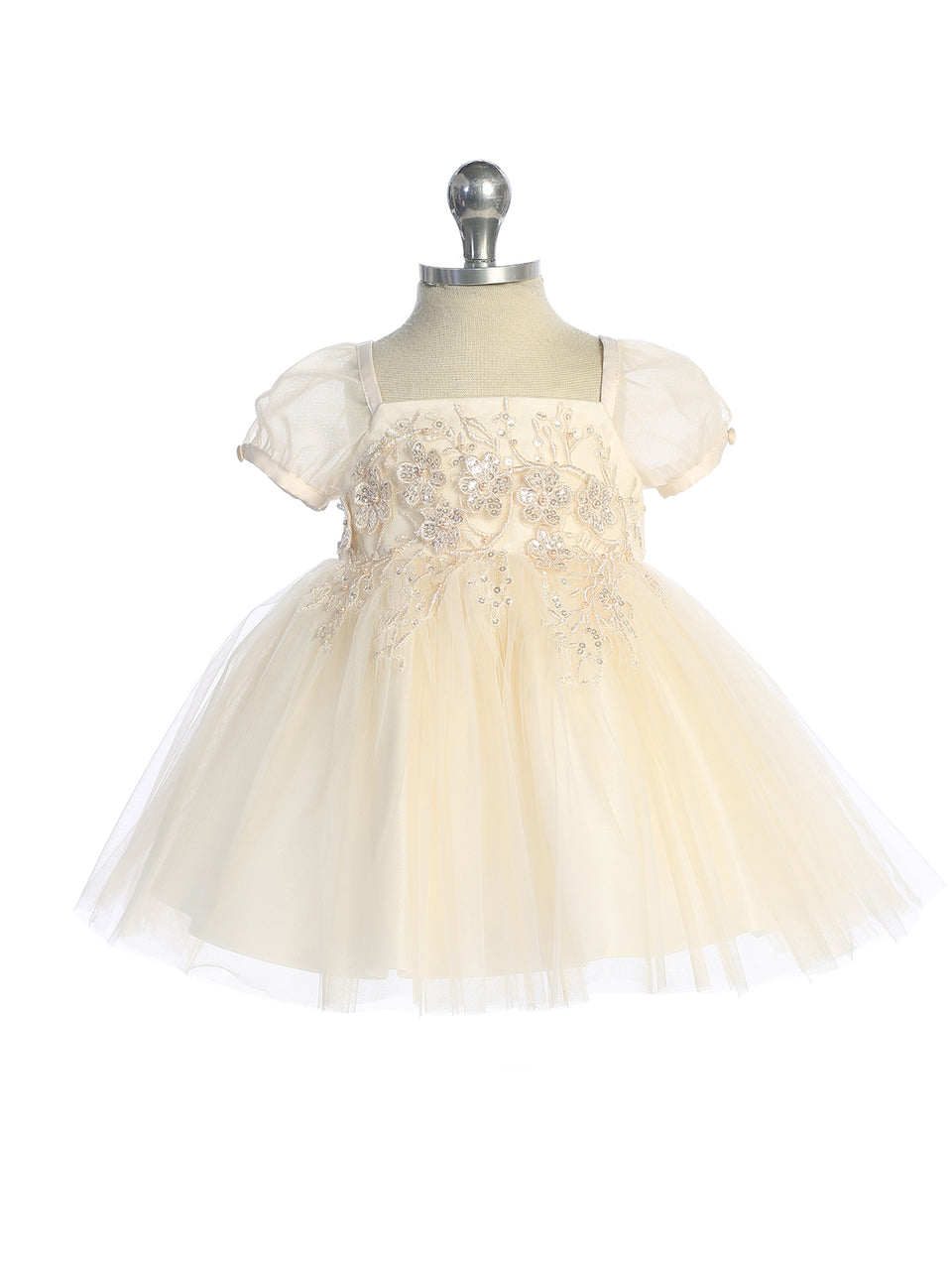 Champagne Baby Girls Floral Embroidered Bodice with Puff Sleeves