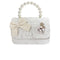 White Adorable Tweed with Sequin Flap Bag with Large Bow and Pearl Handle