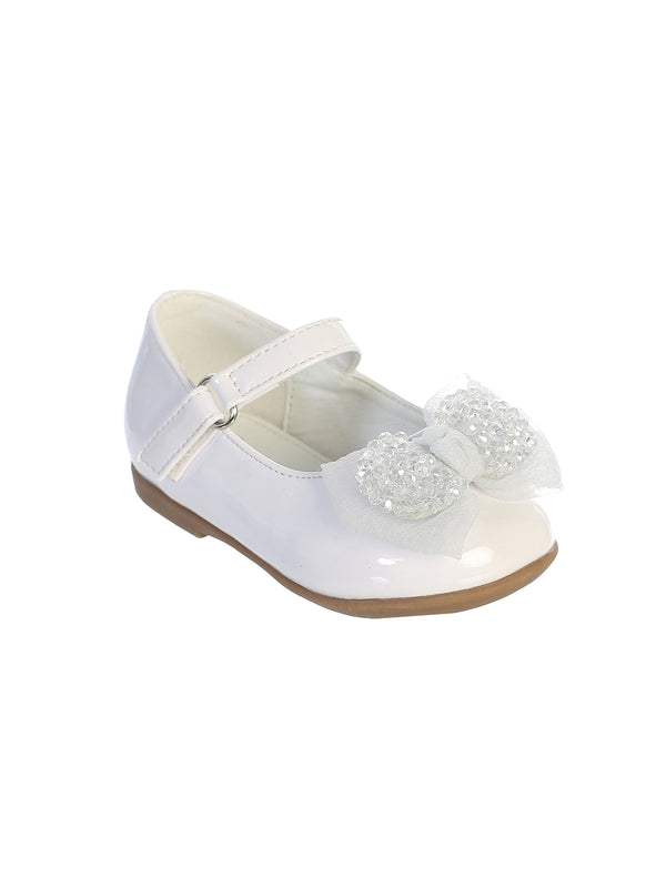 White Baby Girls Patent Shoes with Beaded Bow