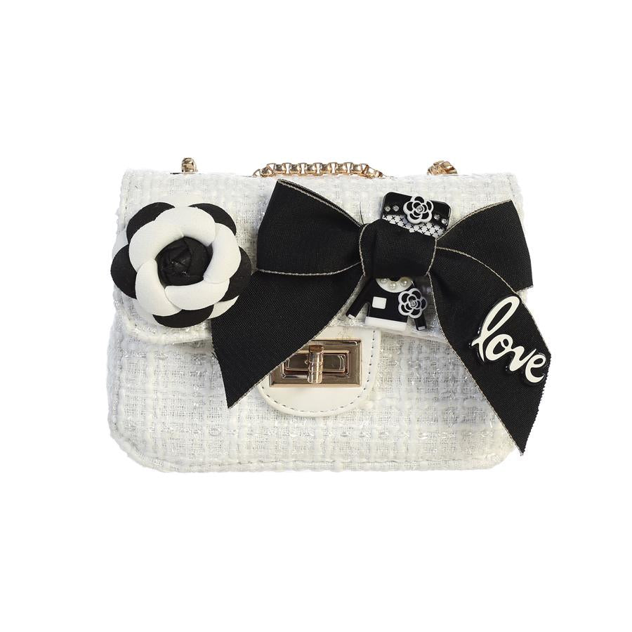 WHITE TWEED PURSE WITH BOW