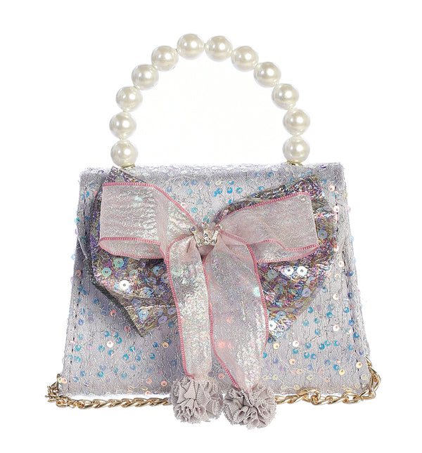 Sequin Purse with a Large Bow Accent and Pearl Handle