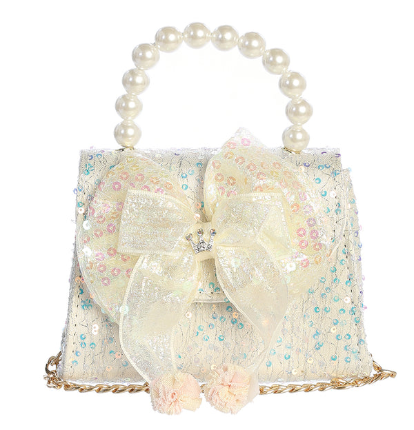 Sequin Purse with a Large Bow Accent and Pearl Handle