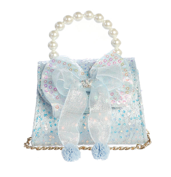 Sequin Purse with a Large Bow Accent and Pearl Handle