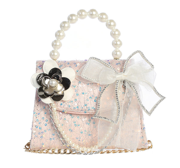 Sequin Purse with a Large Bow and Flower with Chains and Pearl Handle