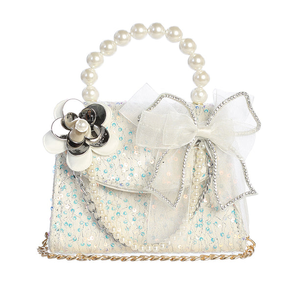 Sequin Purse with a Large Bow and Flower with Chains and Pearl Handle