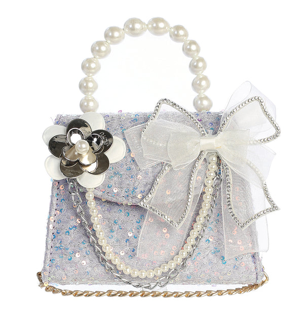 Sequin Purse with a Large Bow and Flower with Chains and Pearl Handle