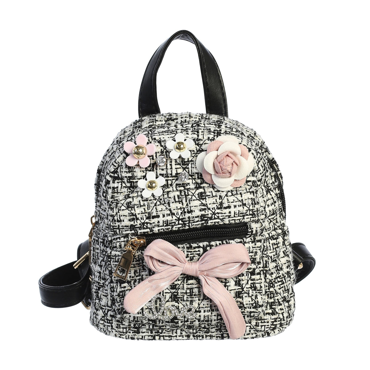 cherchbi tweed and leather backpack BLACK TWEED BACKPACK WITH FLOWERS – shopdearellie
